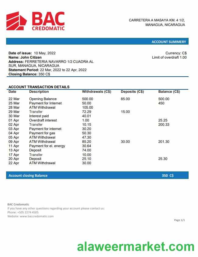 Nicaragua BAC Credomatic bank statement